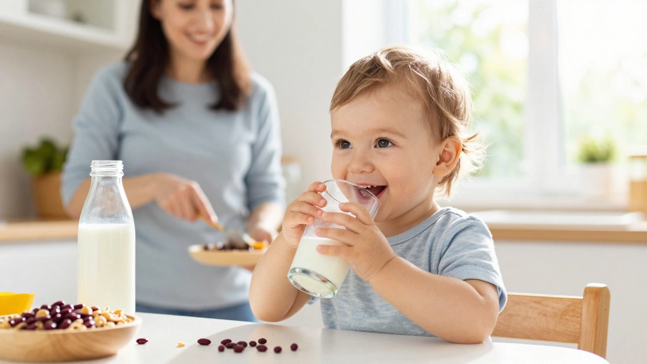 Happy toddler drinking milk and eating healthy solid foods