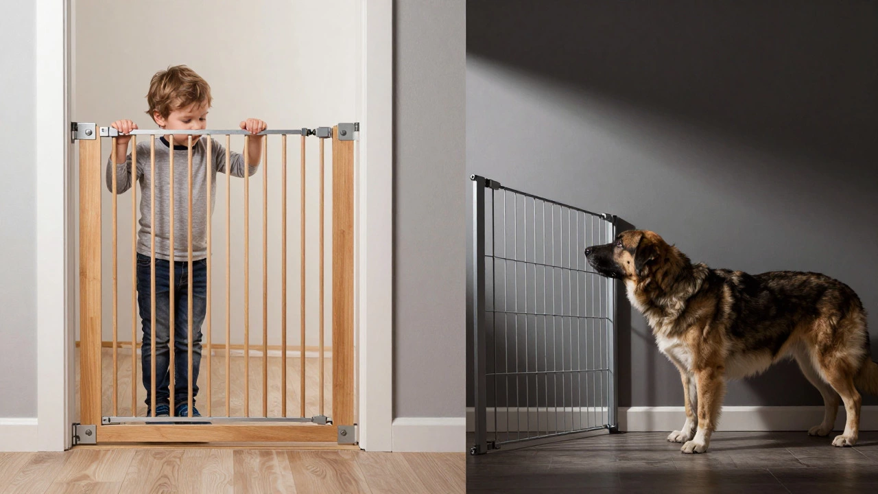 Hardware-mounted child gate vs pressure-mounted pet gate under stress