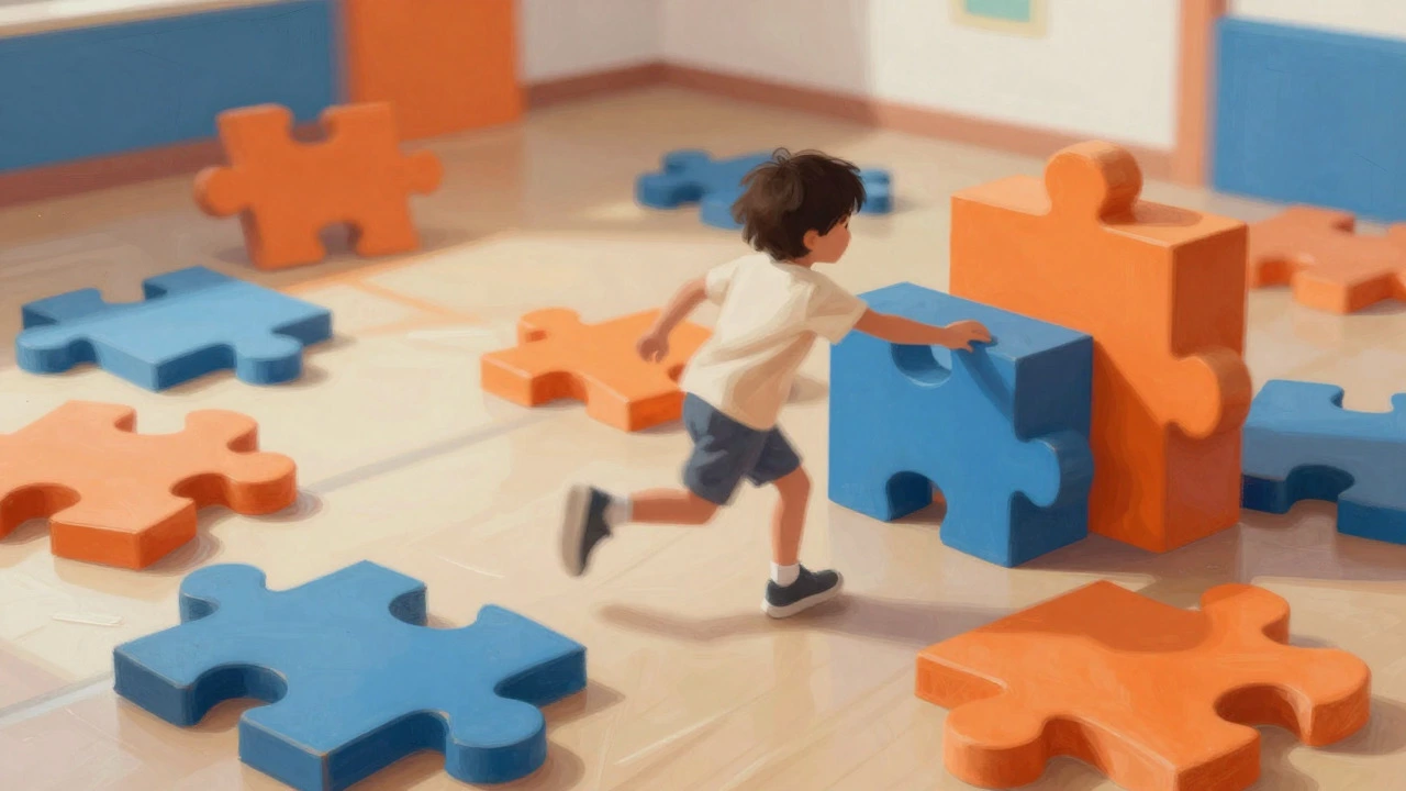Illustration of a child playing with large floor puzzle pieces indoors