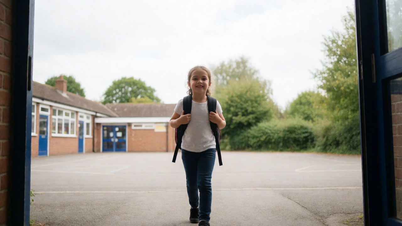 Kindergartner walking to school with a backpack