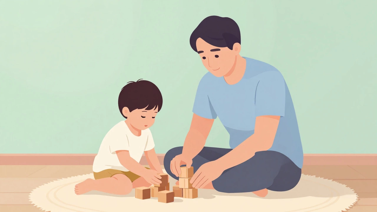 Parent and child calmly stacking wooden blocks on a rug