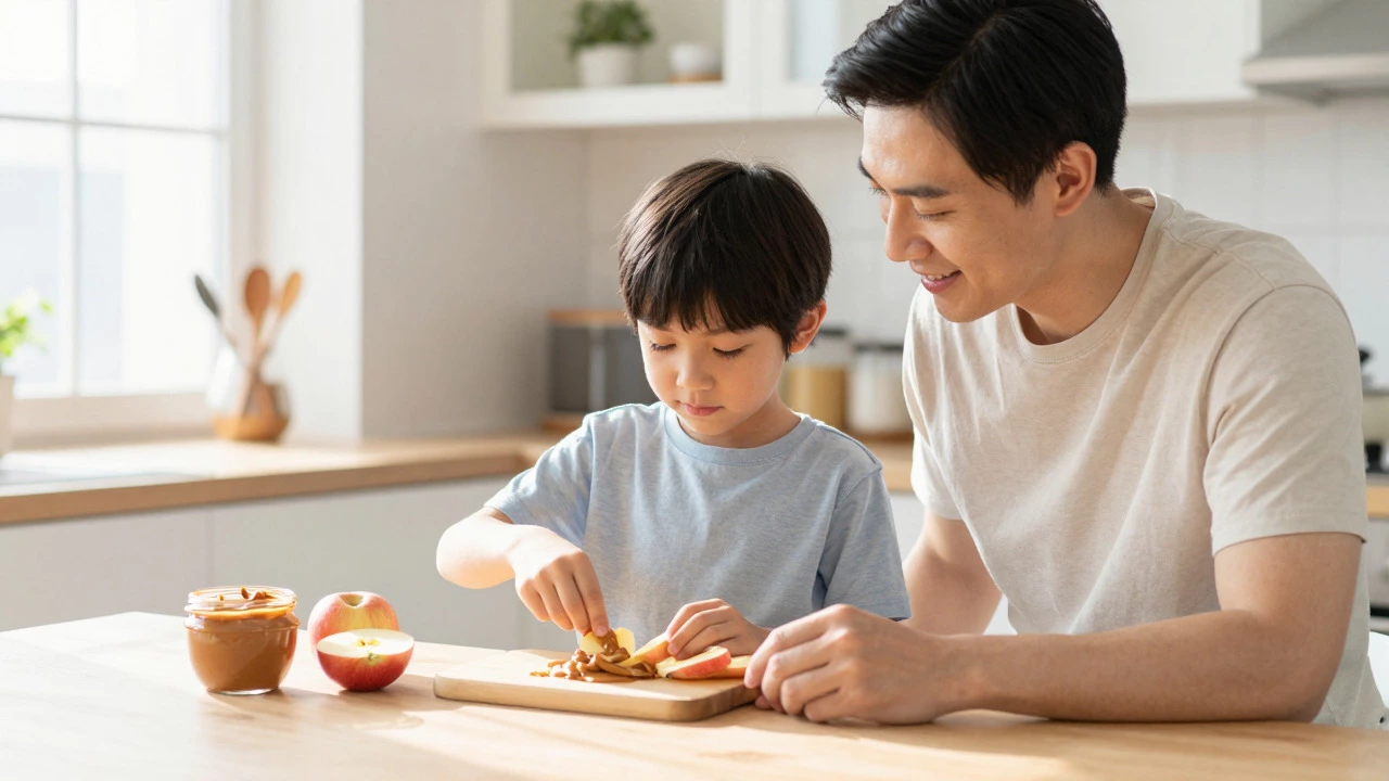 Parent and child preparing apple slices with nut butter together