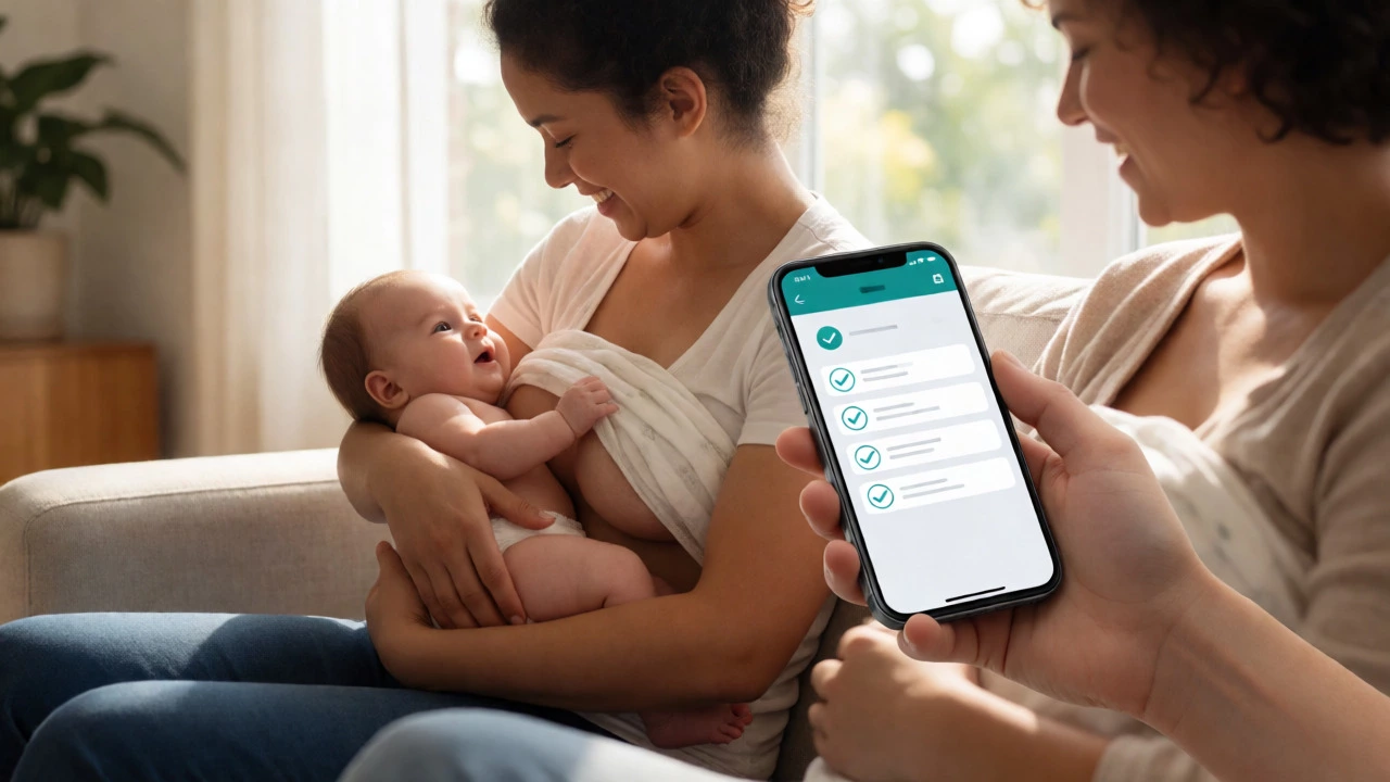 Parent holding growing preemie skin-to-skin with phone tracking progress
