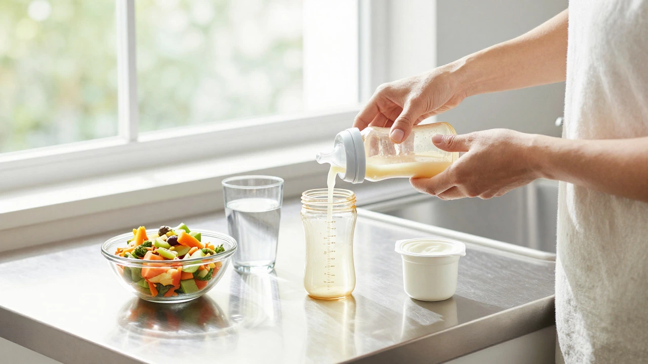 Parent preparing ready-to-feed formula and pureed foods on a sunny kitchen counter