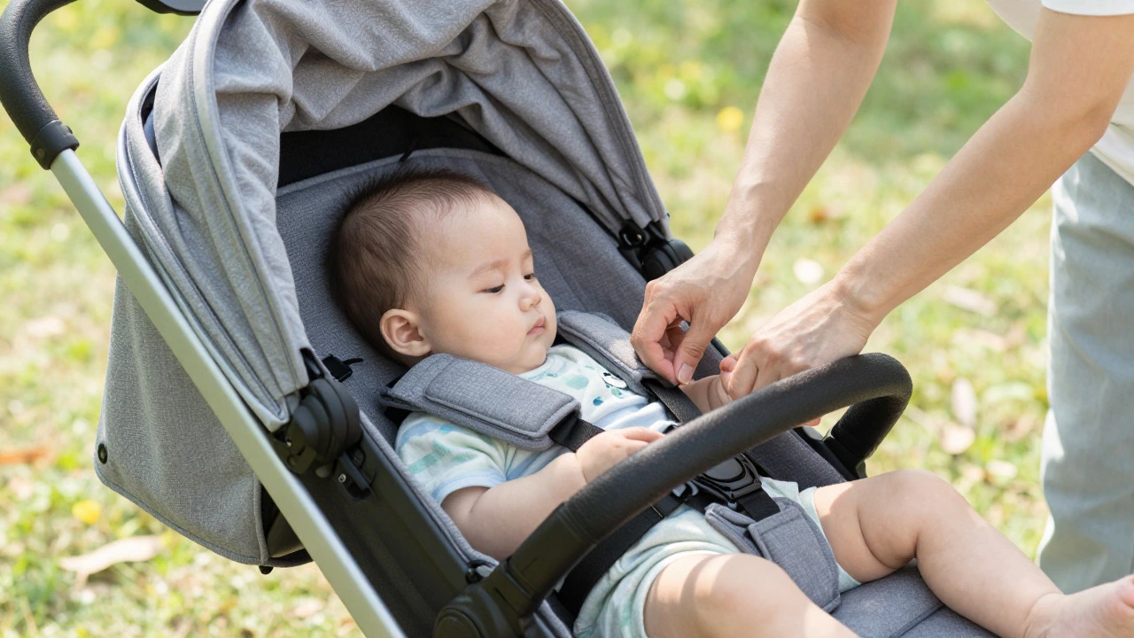 Parent securing an infant in a reclined stroller seat with harness