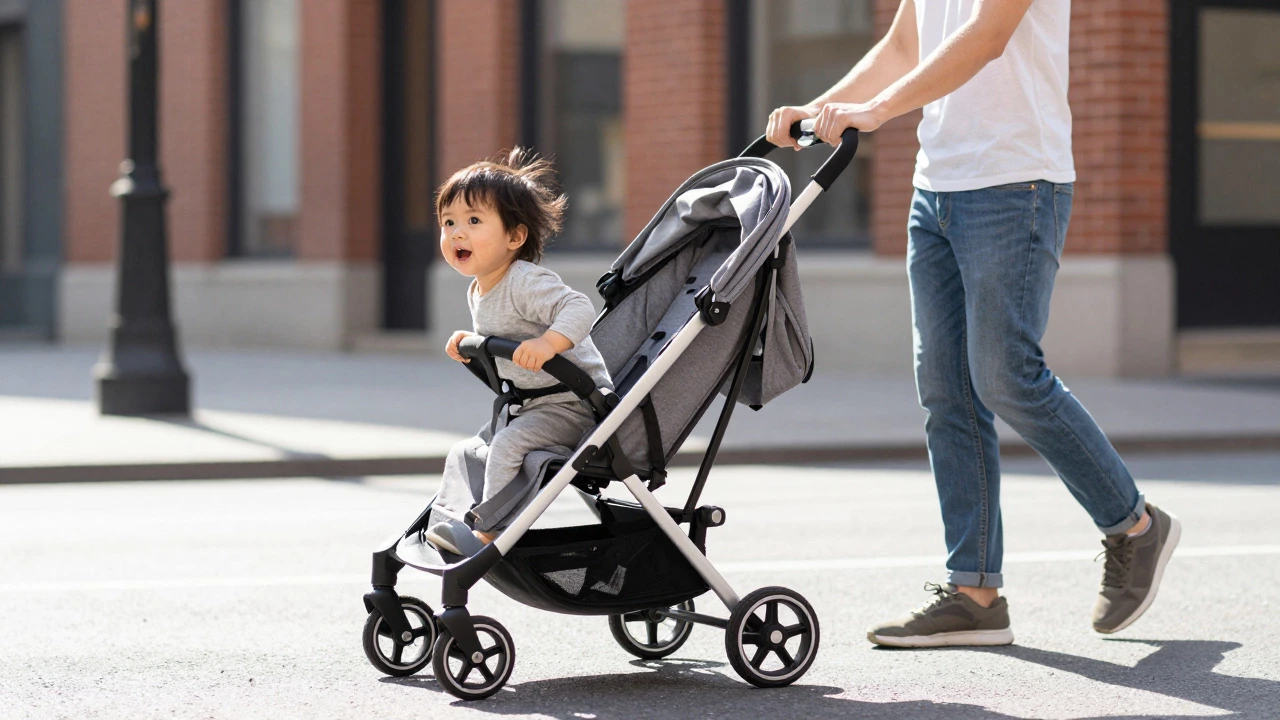 Toddler running next to a parent folding a lightweight stroller on a city street
