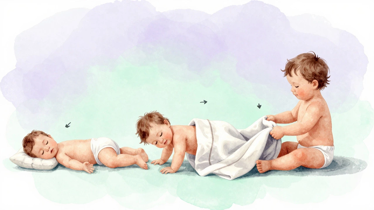 Watercolor illustration of toddler motor skill progression and blanket use