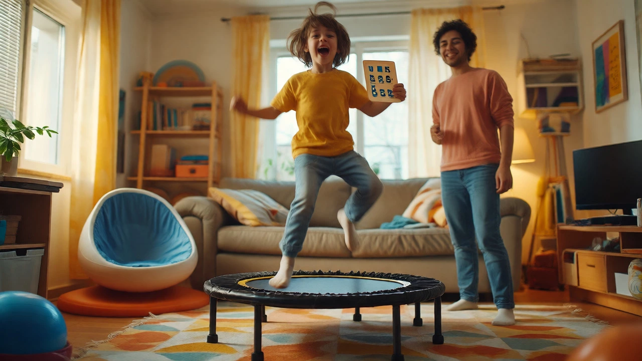 Child jumping on trampoline indoors
