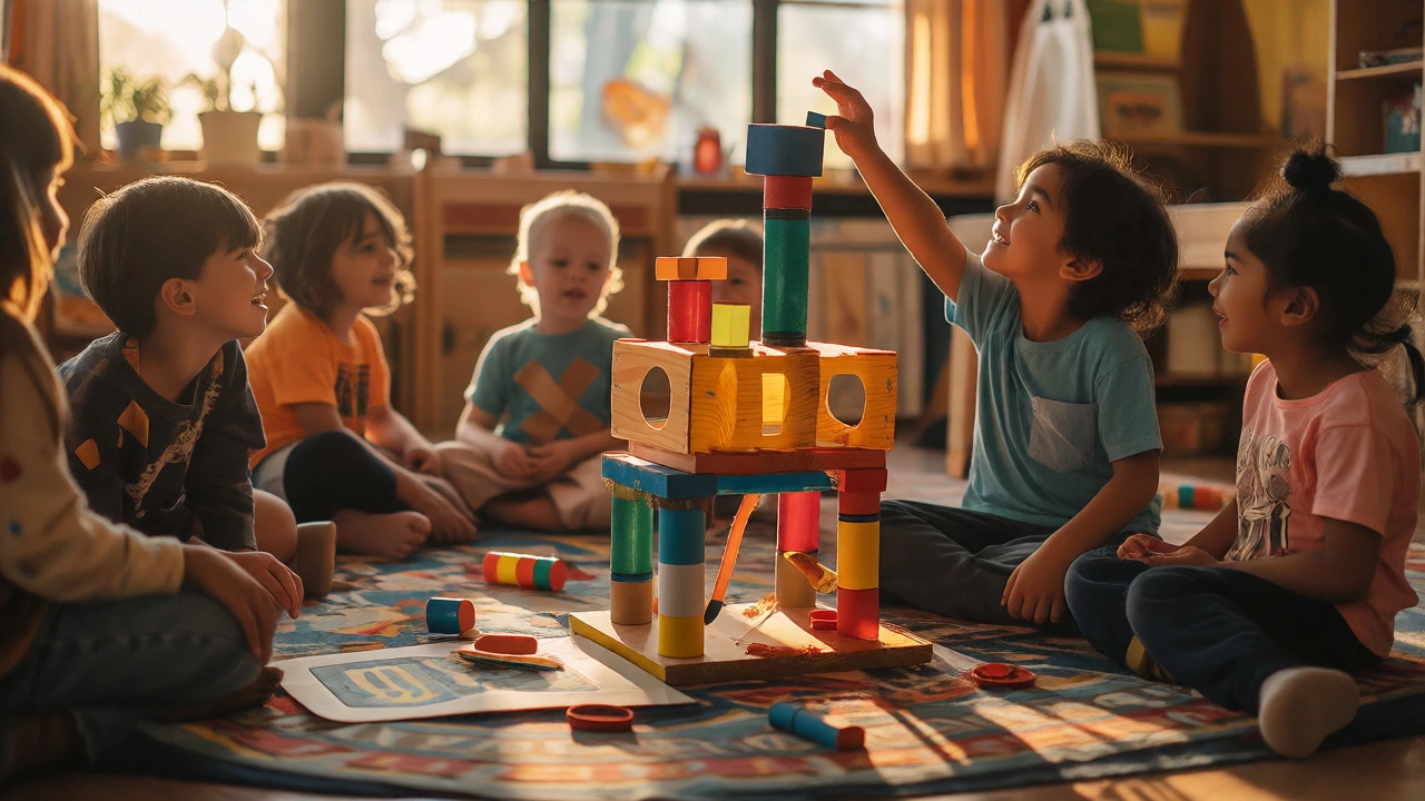 Children proudly building structure with mixed material educational toys
