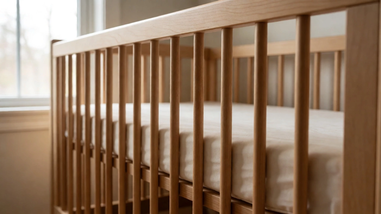 Close-up of crib slats and snug mattress fit highlighting safety standards
