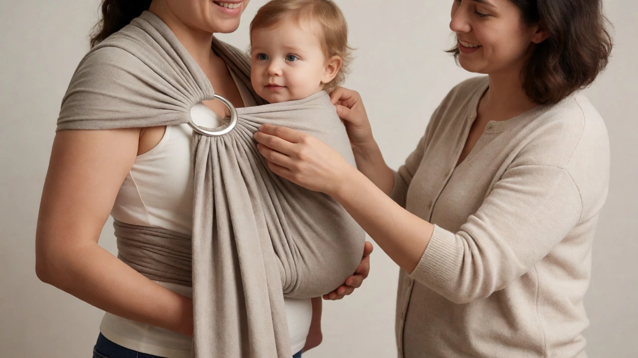 Consultant adjusting a ring sling to demonstrate safe babywearing posture