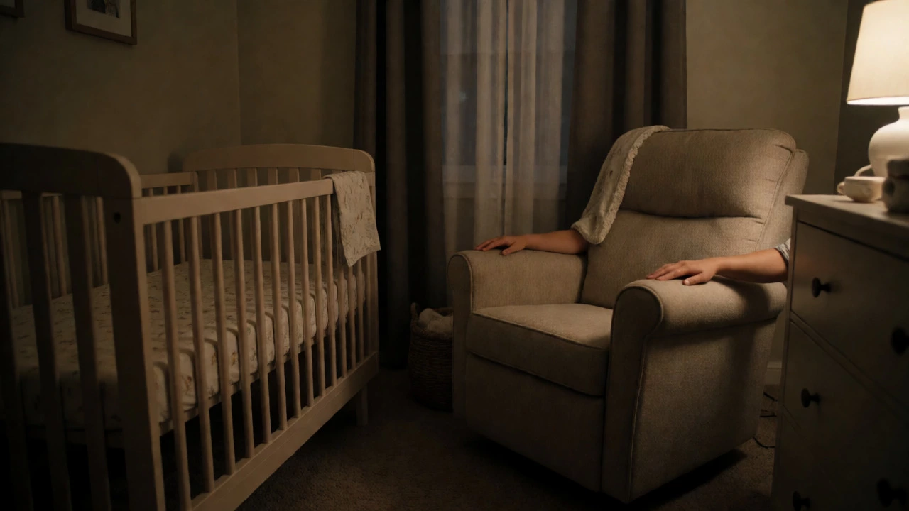Cozy nursery corner with a glider chair and crib in warm evening light