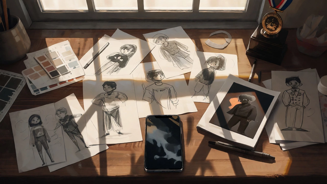 Desk with book sketches, proofs, and an award medal