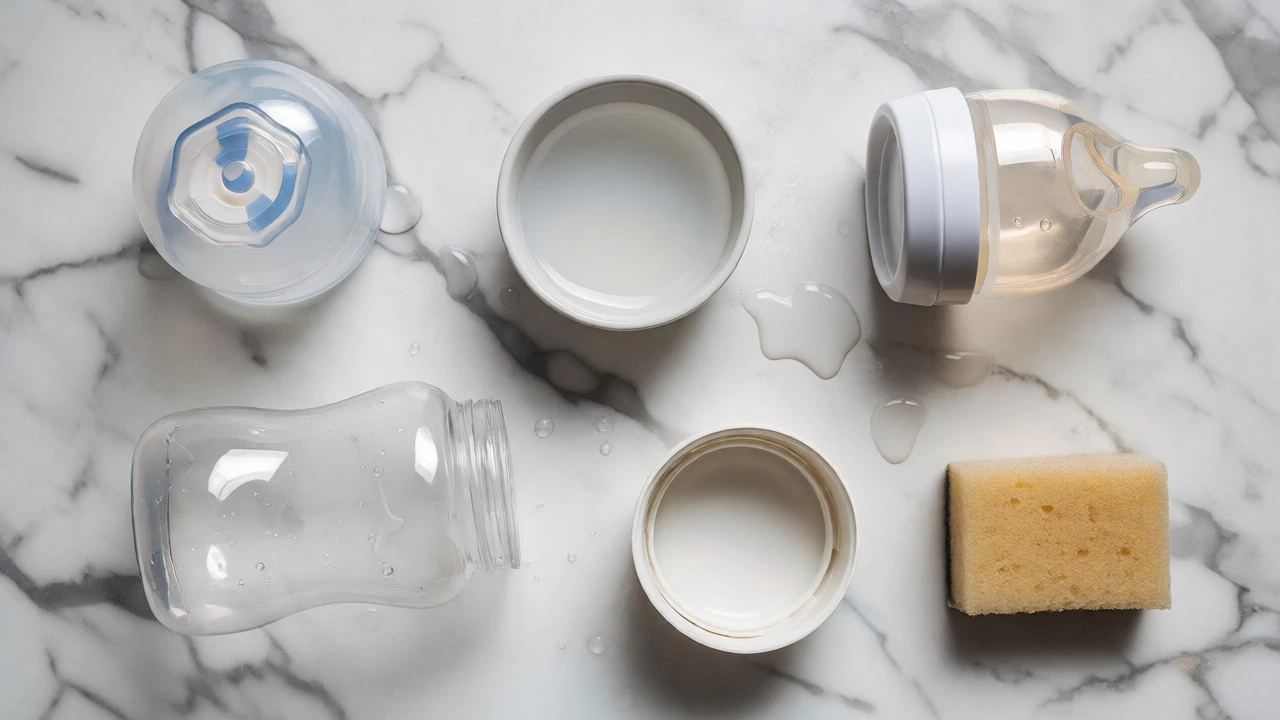 Disassembled baby bottle parts arranged on a counter next to a bowl of cleaning solution.