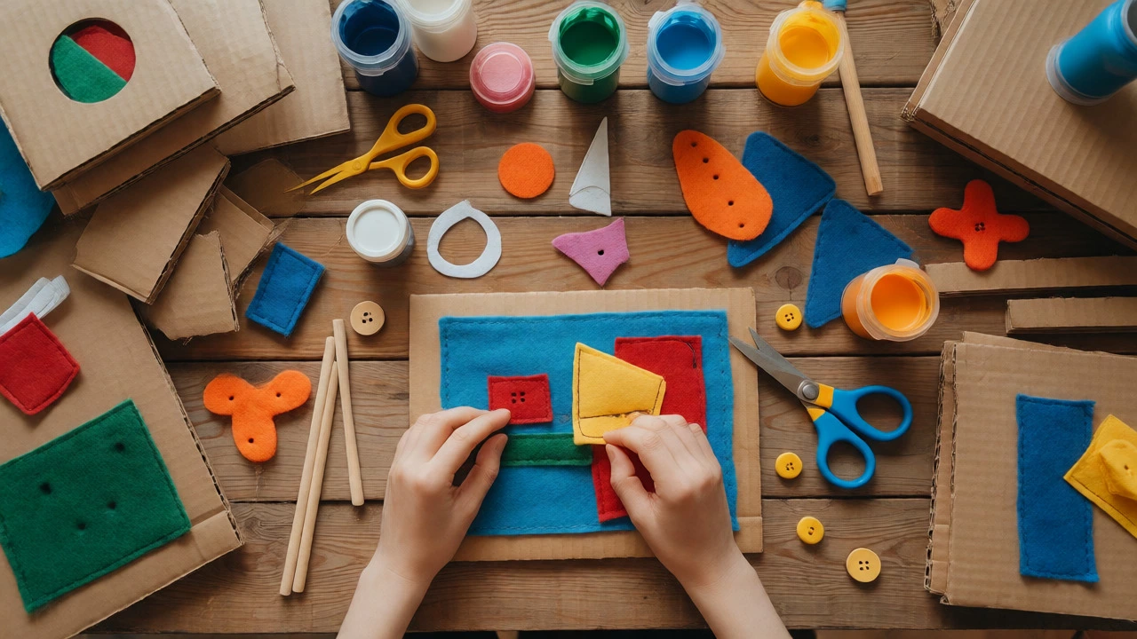 DIY educational toy materials like wood felt and cardboard on table