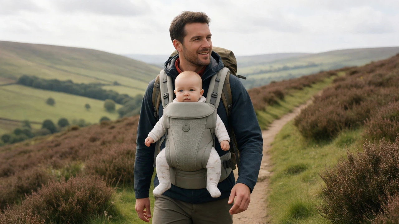 Father hiking with a baby in an ergonomic structured carrier on a UK trail
