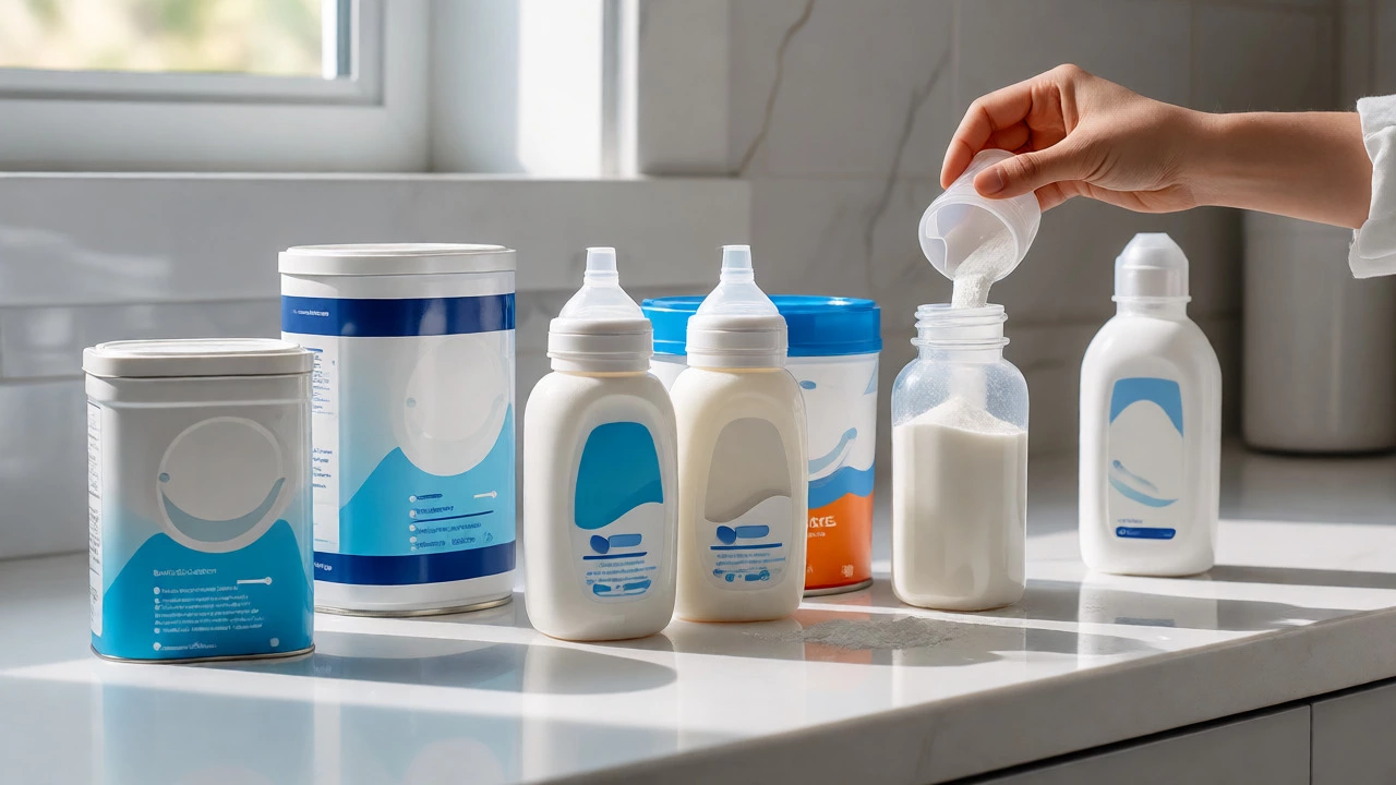 Hand preparing infant formula on a clean kitchen counter with various brand tins.