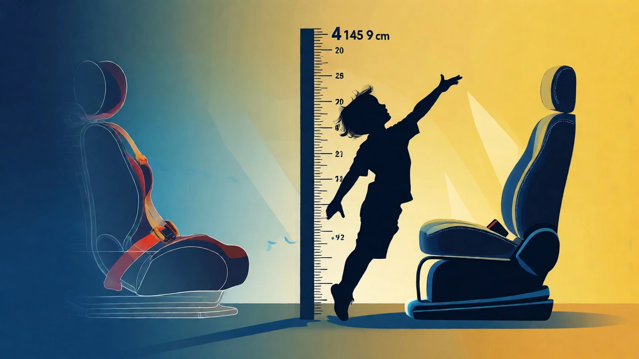 Illustration showing child height relative to booster seat safety limits.