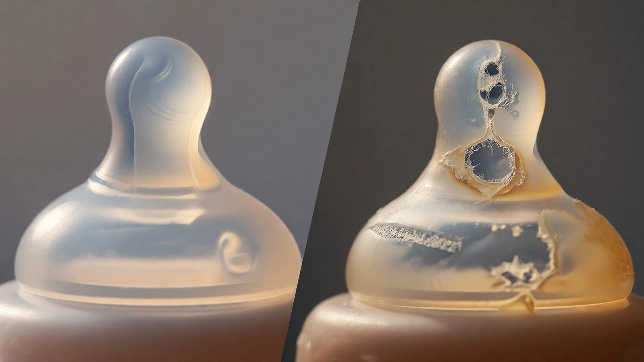 Macro comparison showing the difference between a new silicone nipple and a worn, torn used one.