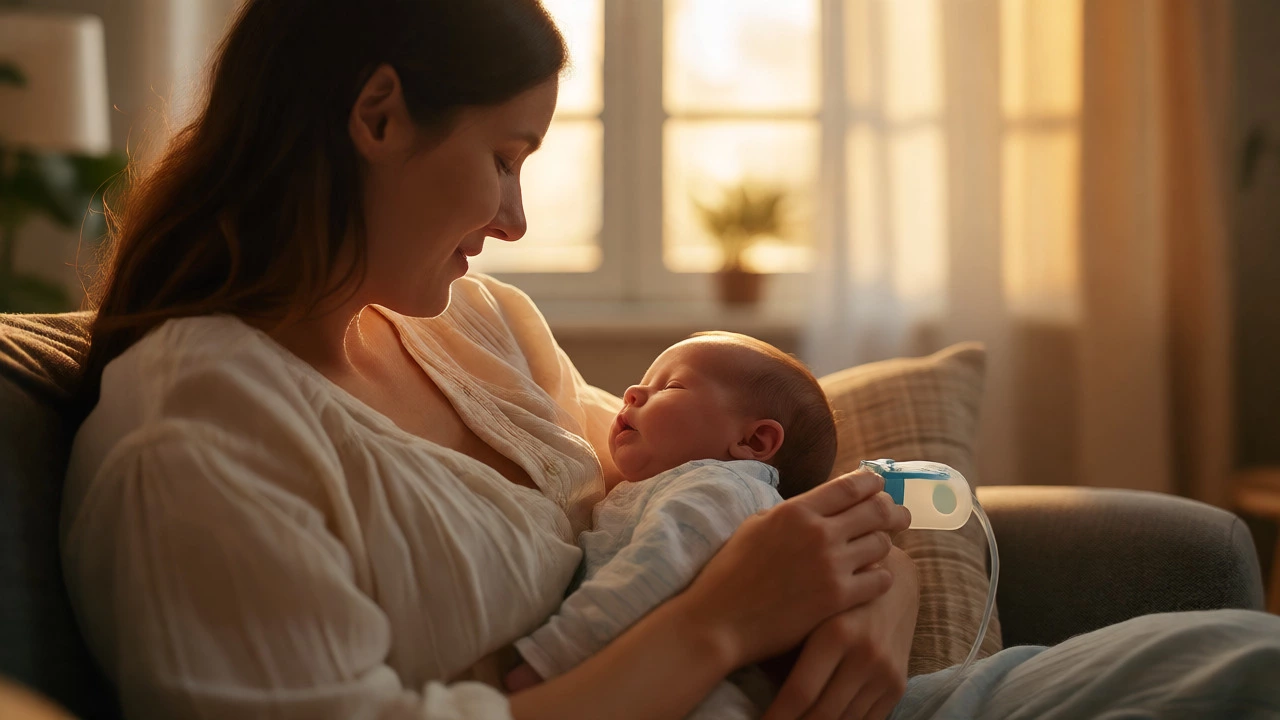 Mother breastfeeding her newborn using a supplemental nursing system in sunlight.
