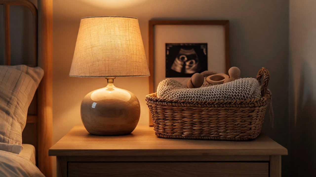 Nightstand with lamp, basket, and knitted throw in warm light