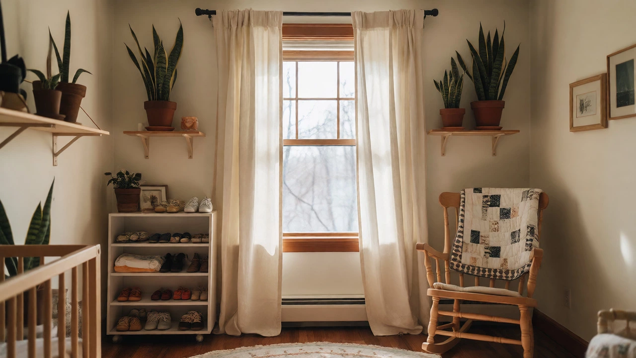 Nursery shelf with keepsakes, plants, and rocking chair
