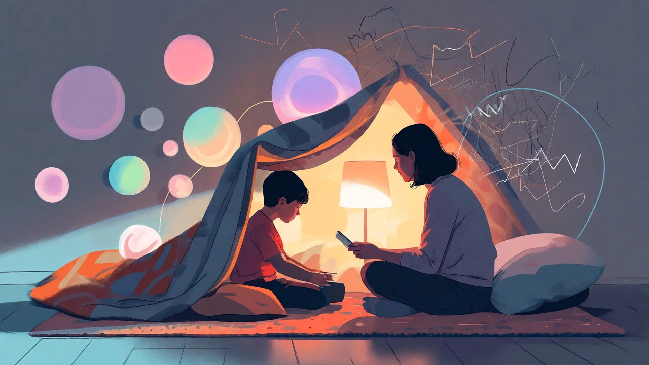 Parent and child playing in blanket fort