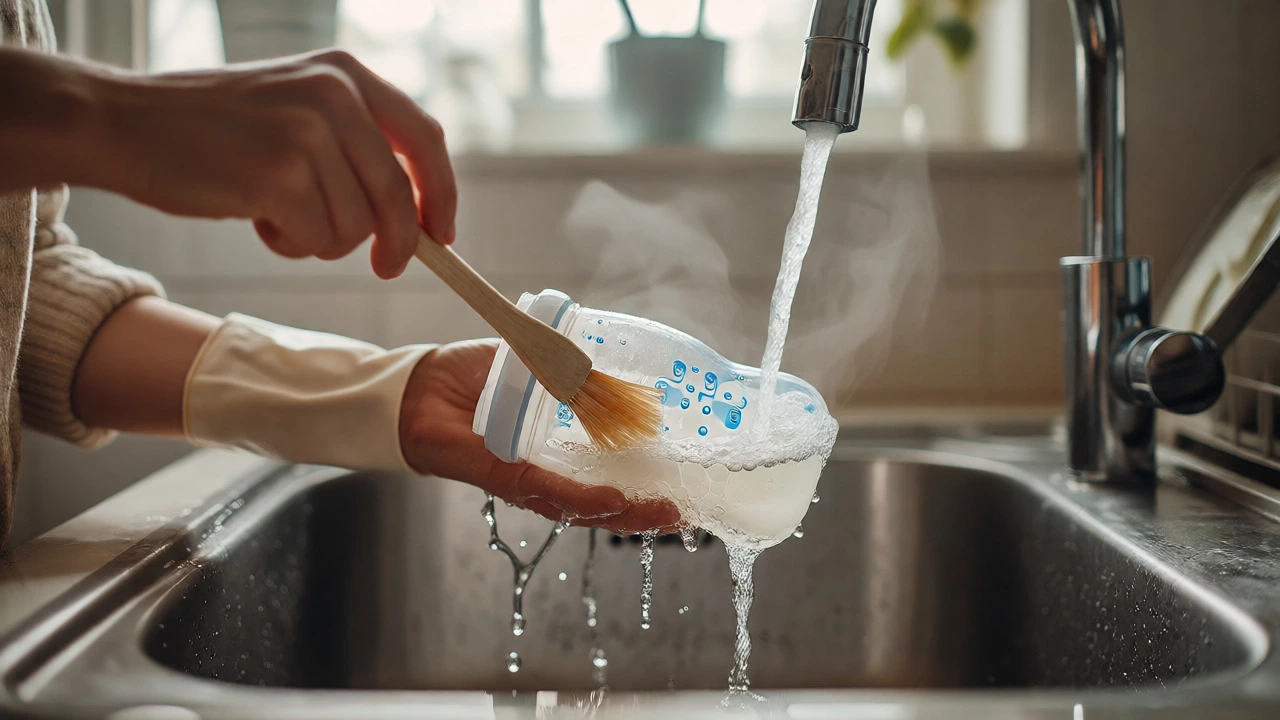 Parent scrubbing baby bottles with hot soapy water in a sink