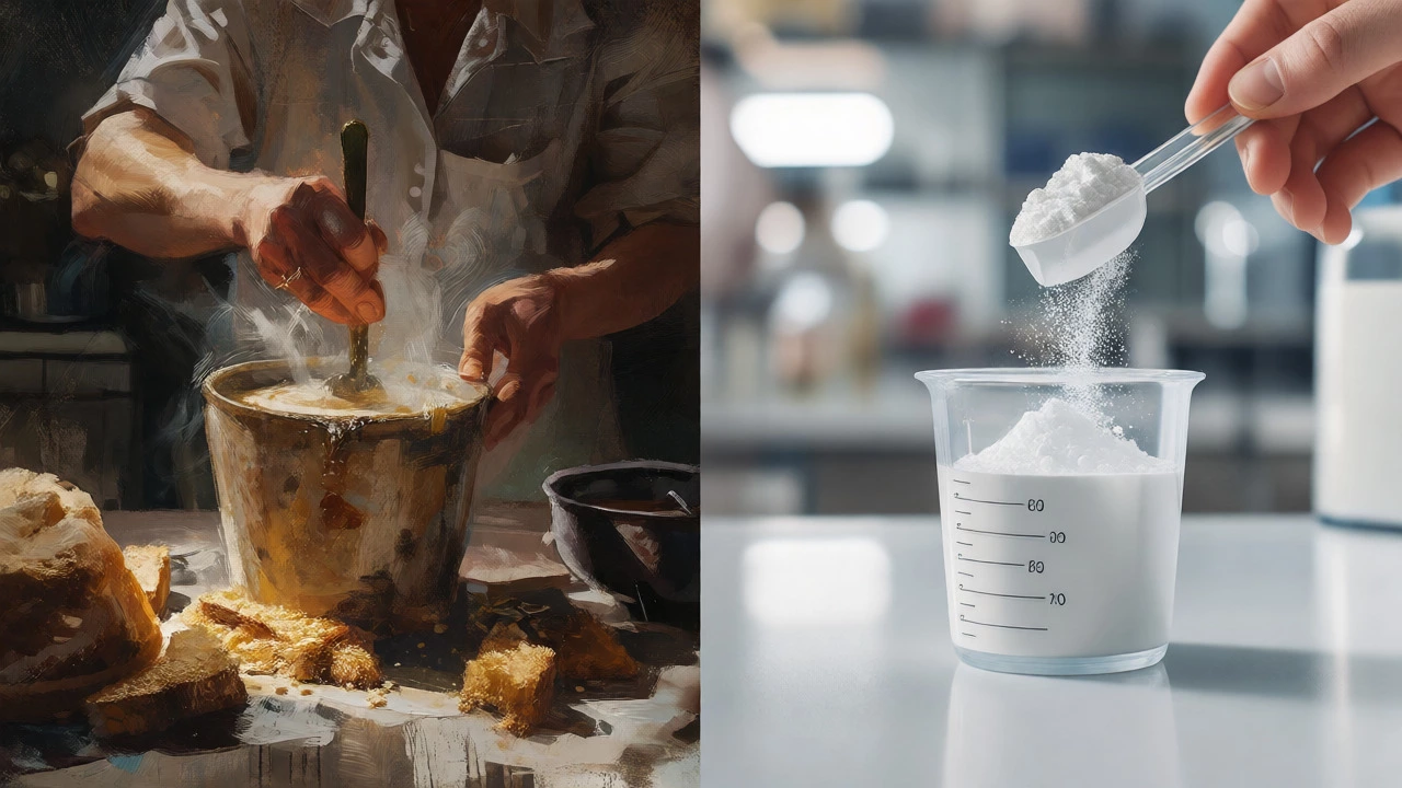 Split image comparing messy historical food prep with clean modern formula mixing