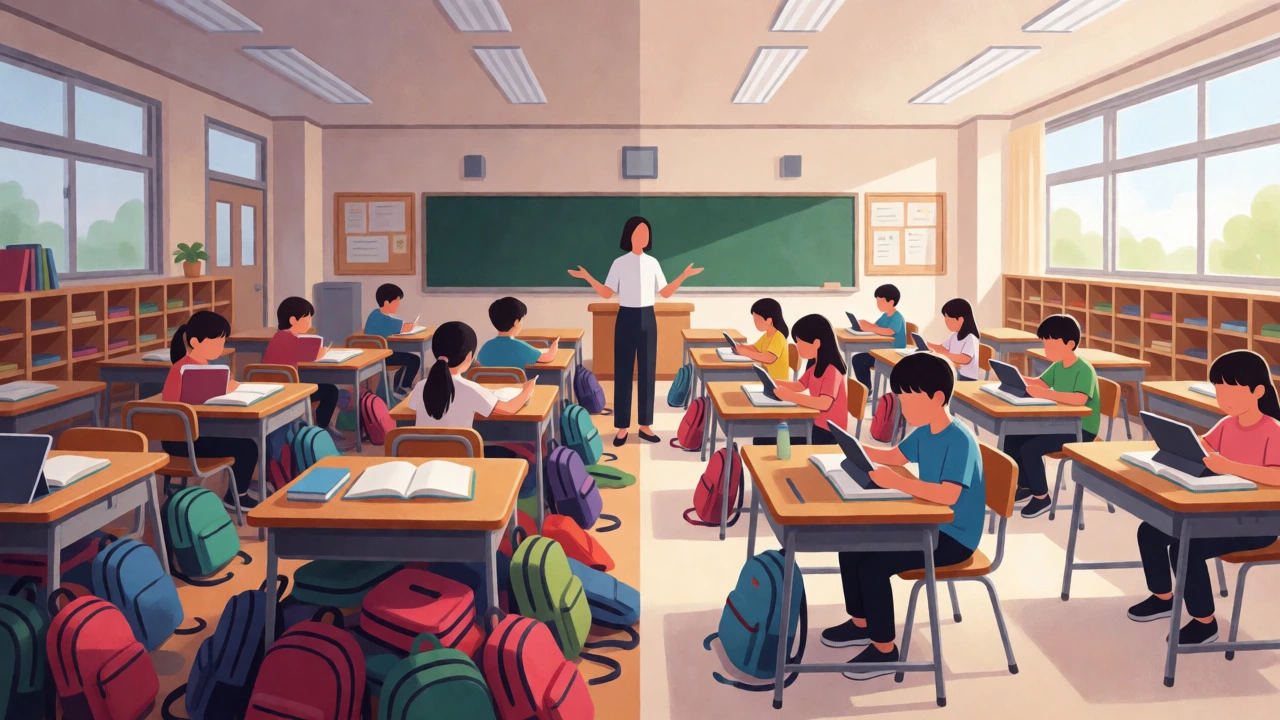 Split view comparing cluttered backpack-filled classrooms with organized digital setups
