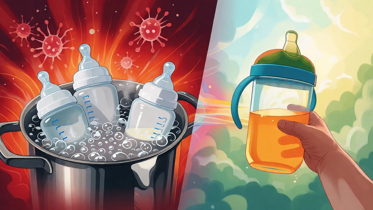 Split view of boiling bottles versus toddler drinking from a cup