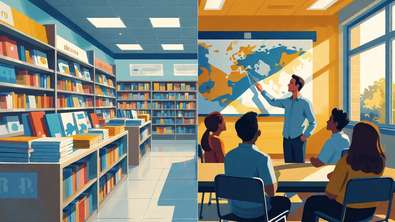 Split view of bookstore shelves and classroom learning