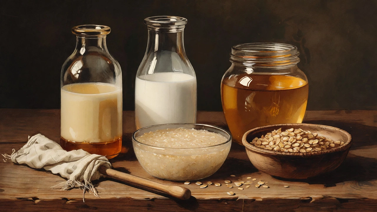 Vintage still life of historical baby food substitutes including milk, porridge, and rags