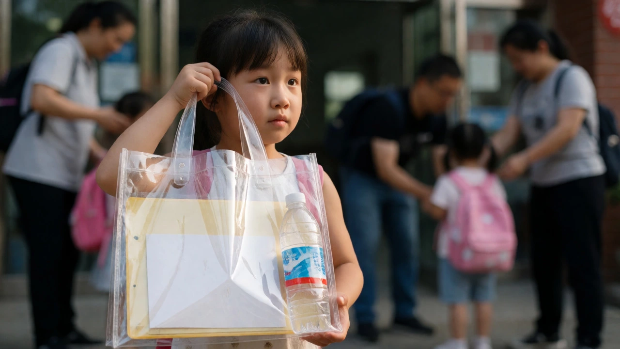 Young child holding a clear tote bag at a school drop-off zone