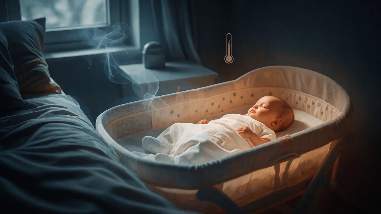 Baby in bassinet beside parent bed illustrating safe room-sharing