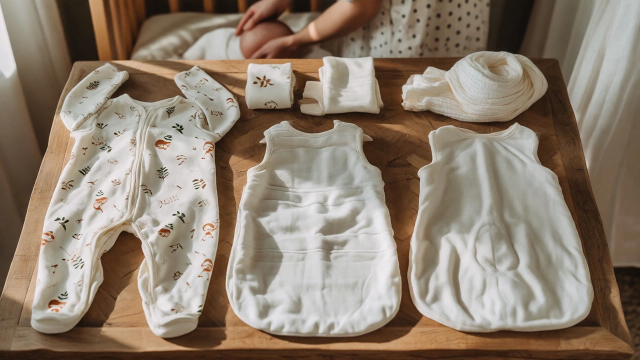 Collection of swaddle alternatives including sleep sacks and wraps on wood
