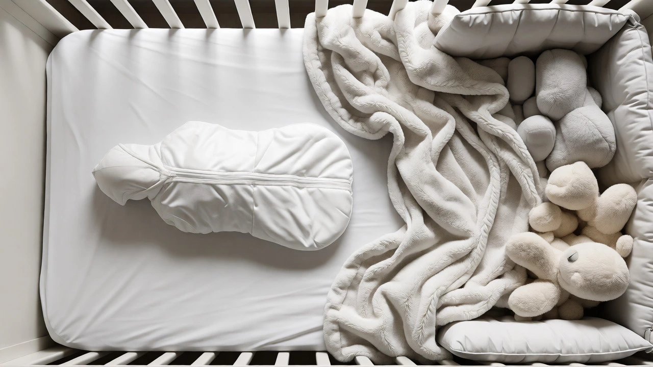 Comparison of safe bare crib setup versus unsafe cluttered bedding