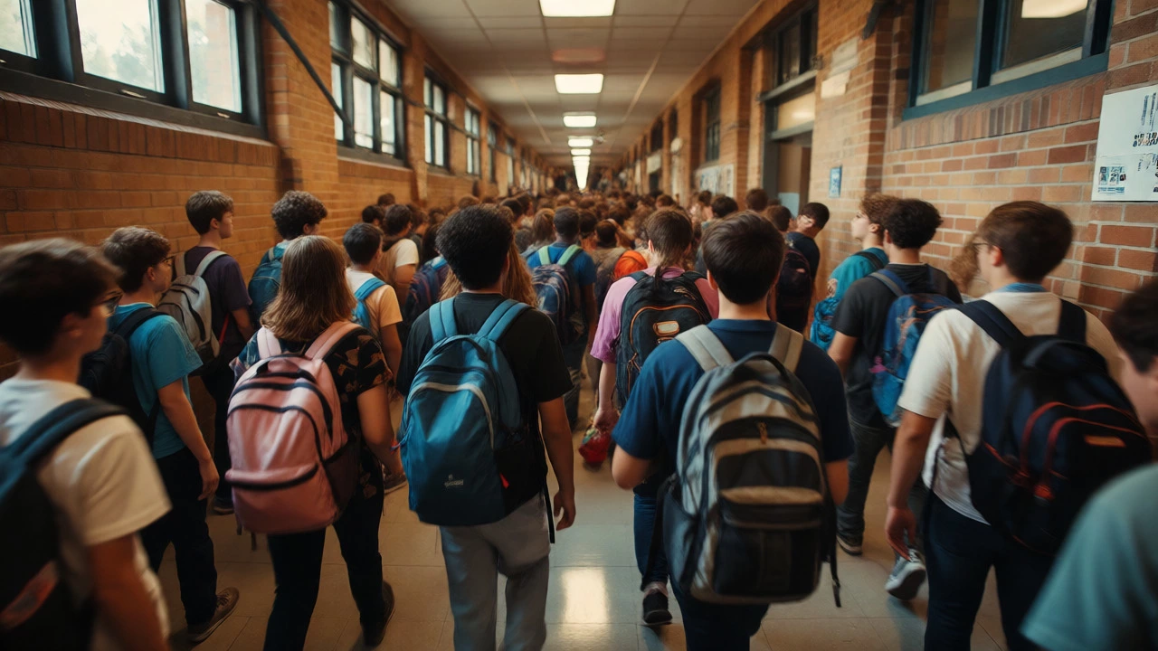 Crowded school hallway with students carrying bulky bags