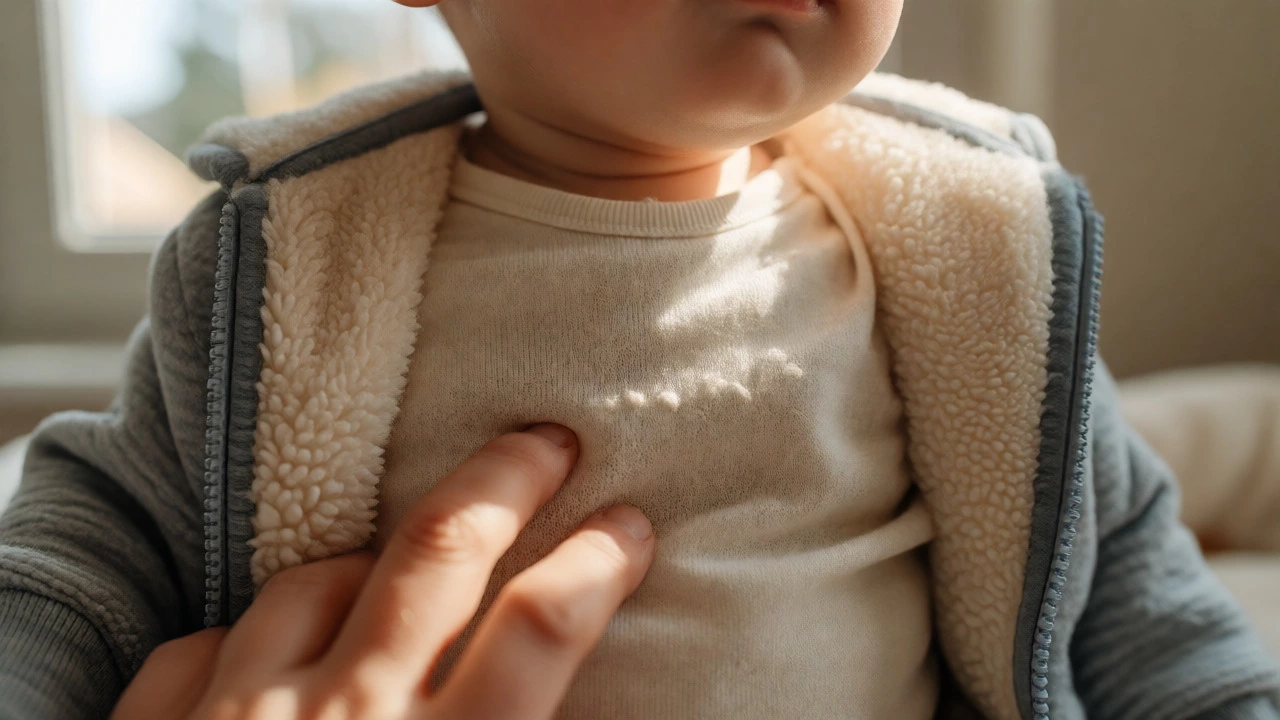 Hand checking baby's chest temperature through layered cotton and fleece fabrics