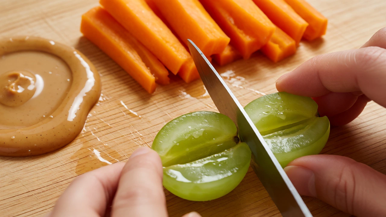Hands cutting grapes lengthwise and preparing soft vegetables and nut butter for infant feeding