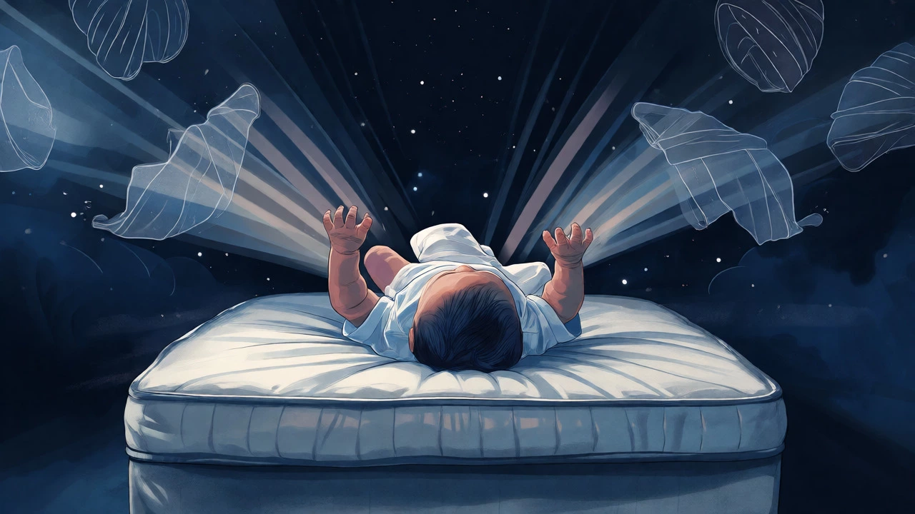 Illustration of a newborn experiencing the startle reflex with arms flailing