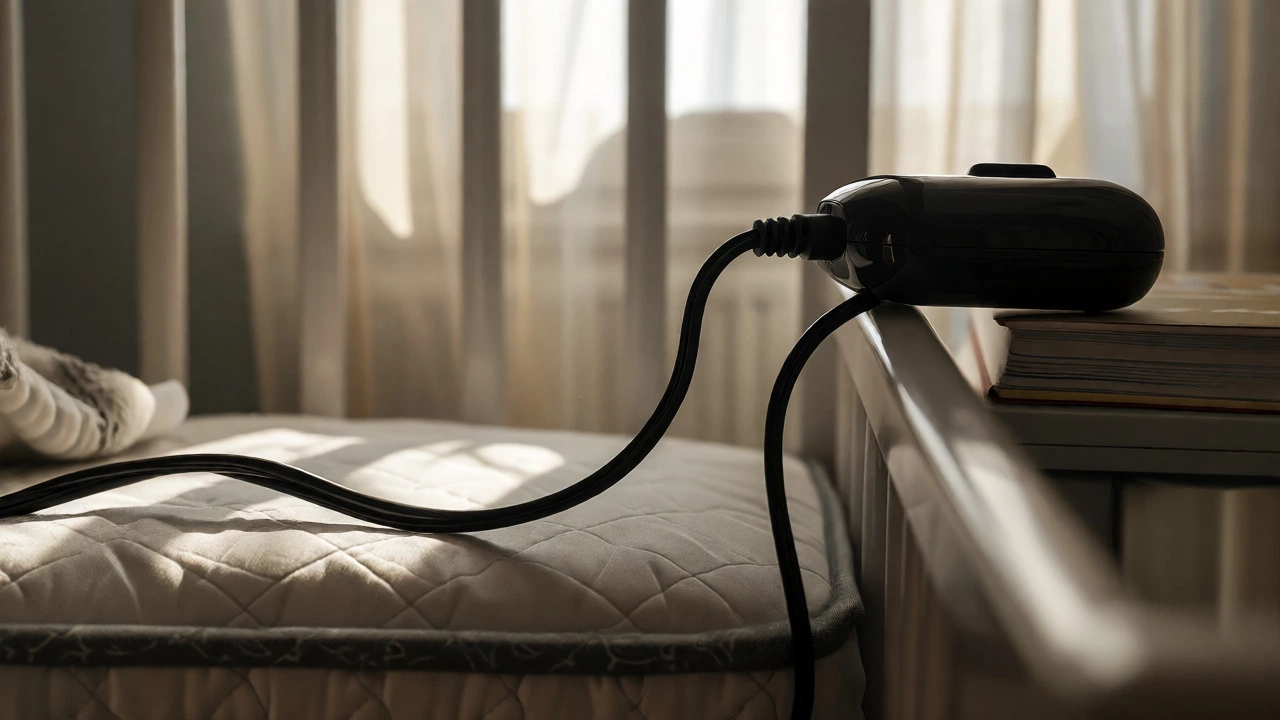 Loose power cord near crib mattress highlighting strangulation hazard