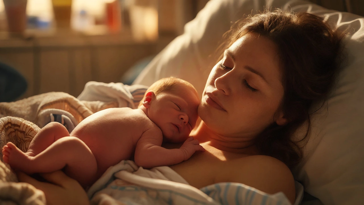 Newborn baby resting on mother's chest in warm sunlight