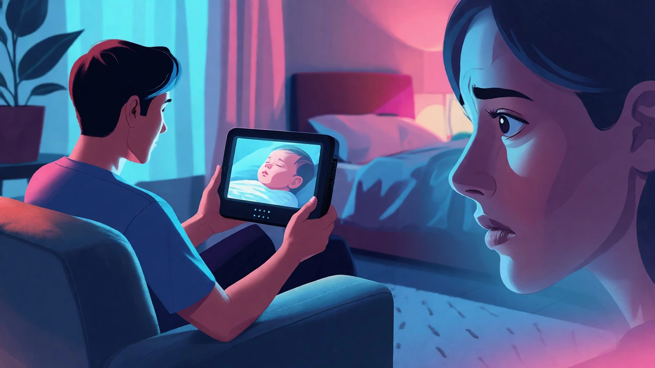 Parent checking baby monitor screen with calm expression
