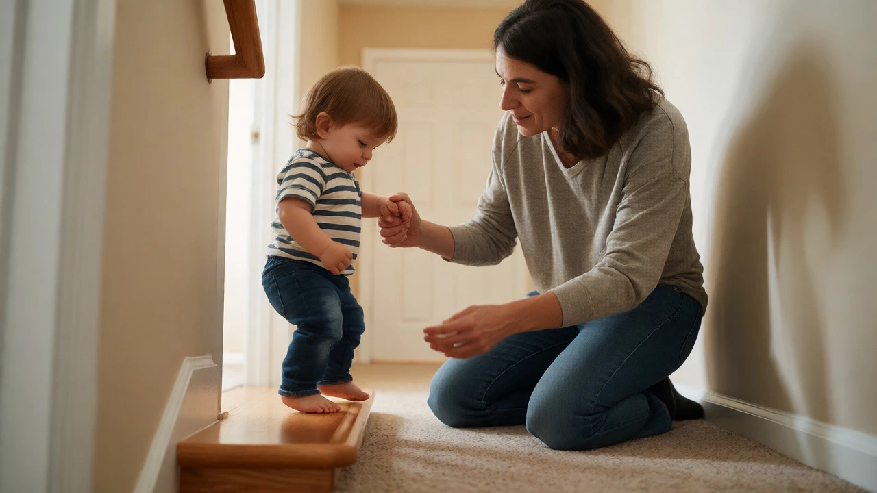 Parent guiding child up stairs without gate