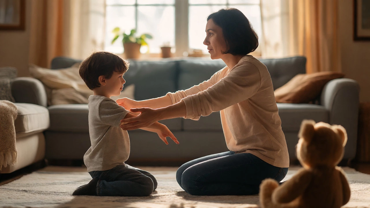 Parent modeling gentle hand placement during a hug with young son