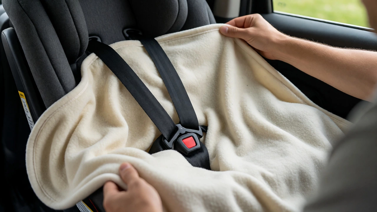 Parent placing fleece blanket over car seat harness straps for infant safety.