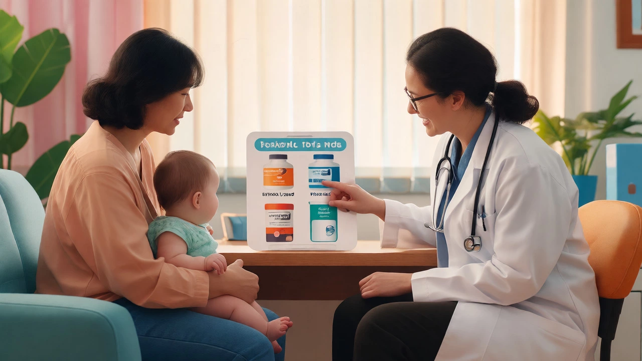 Pediatrician discussing formula options with parents and their baby in a clinic