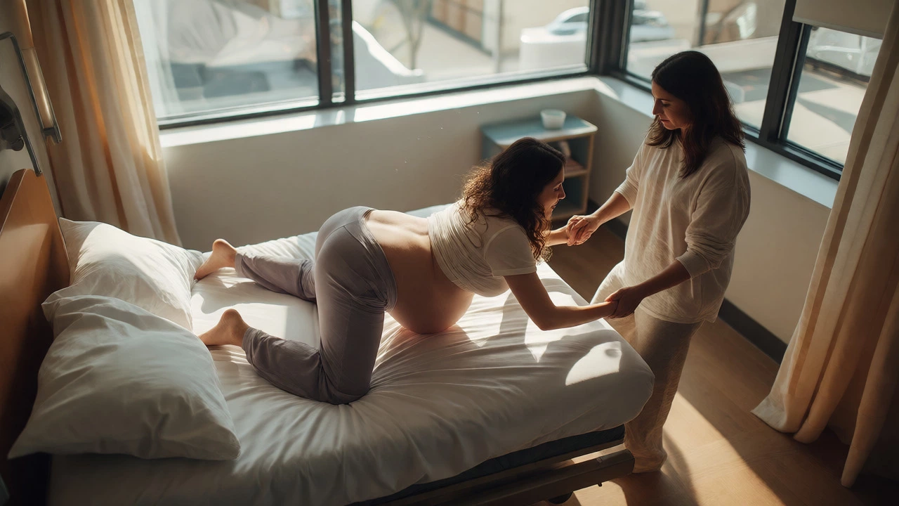 Pregnant woman in all-fours position during labor in a bright room