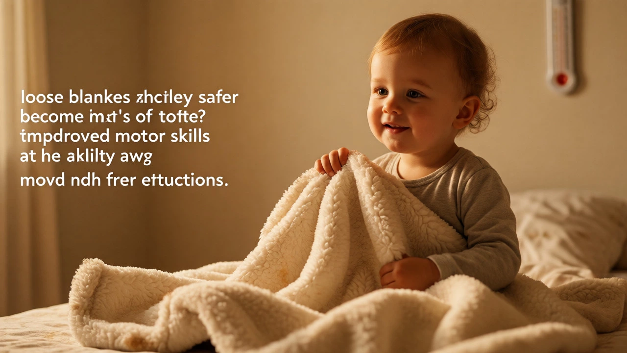 Toddler holding a fleece blanket on a bed in a warmly lit nursery.